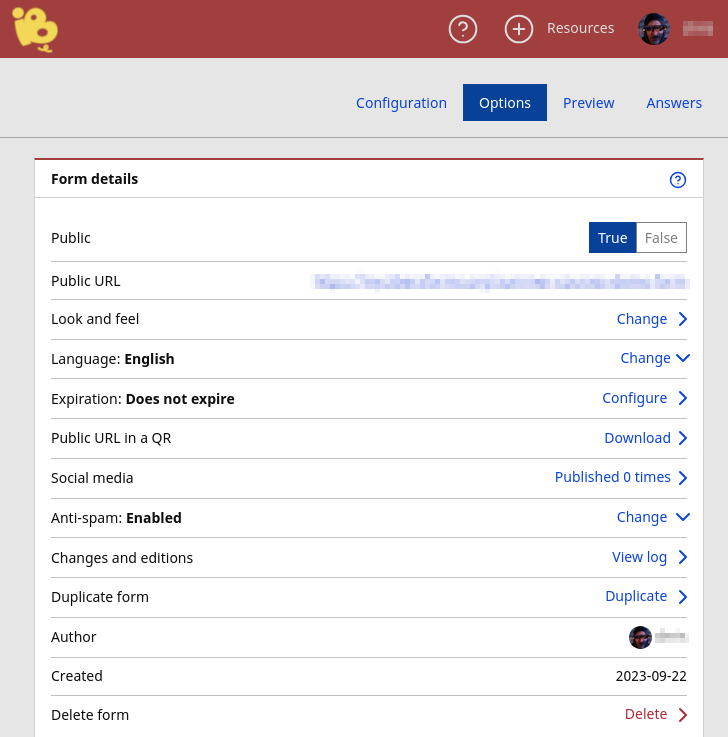 Configure the form's options